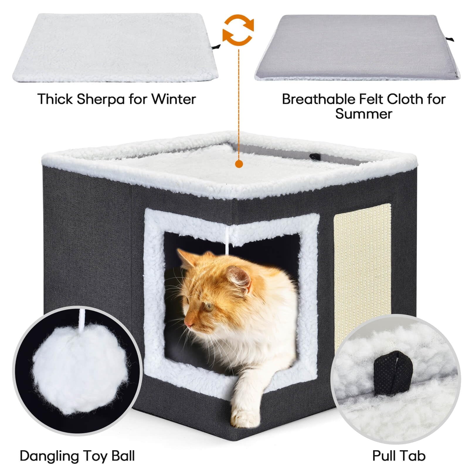 Cat House for Indoor Cats Cube Bed, Covered Cat Cave Beds & Furniture with Scratch Pad and Hideaway Tent, Cute Modern Cat Condo for Multi Small Pet Large Kitten Kitty