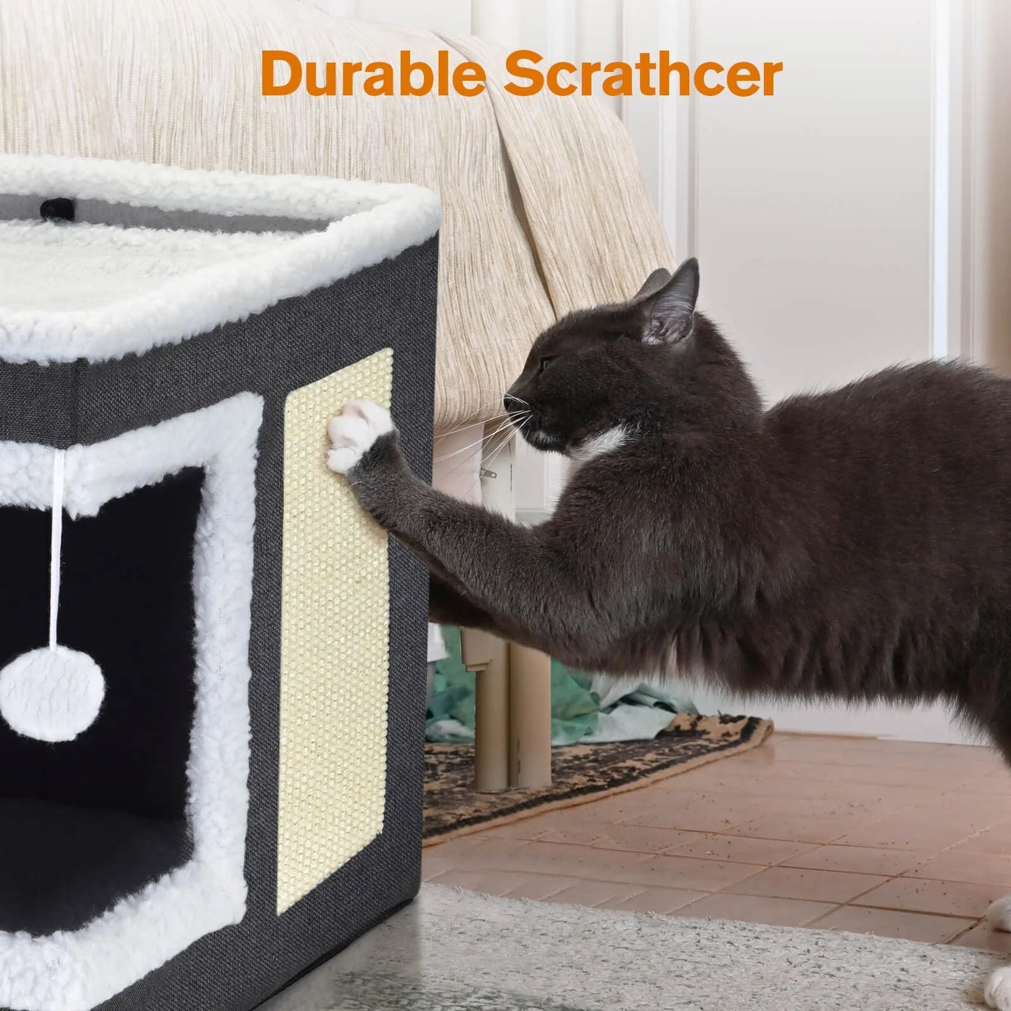 Cat House for Indoor Cats Cube Bed, Covered Cat Cave Beds & Furniture with Scratch Pad and Hideaway Tent, Cute Modern Cat Condo for Multi Small Pet Large Kitten Kitty