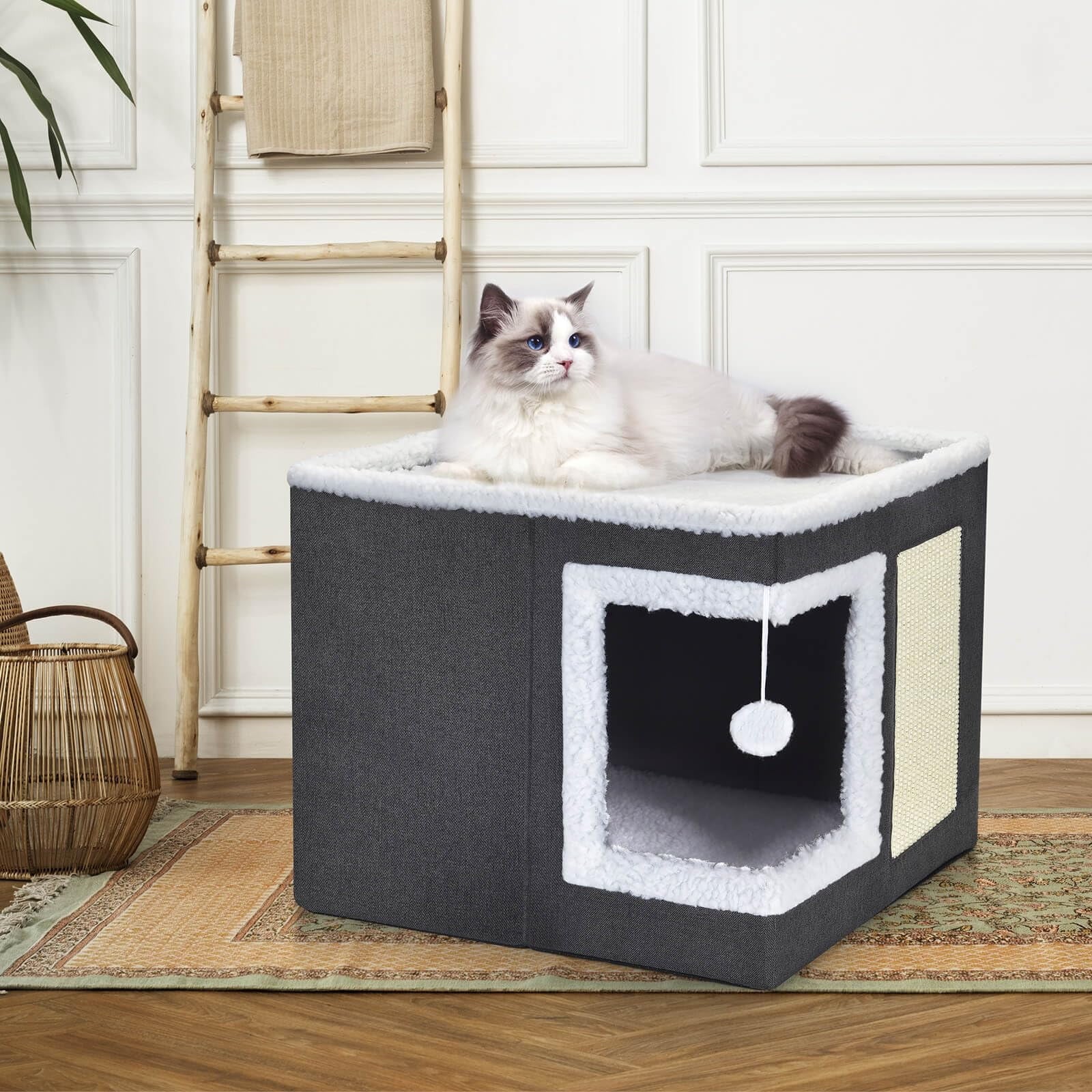 Cat House for Indoor Cats Cube Bed, Covered Cat Cave Beds & Furniture with Scratch Pad and Hideaway Tent, Cute Modern Cat Condo for Multi Small Pet Large Kitten Kitty