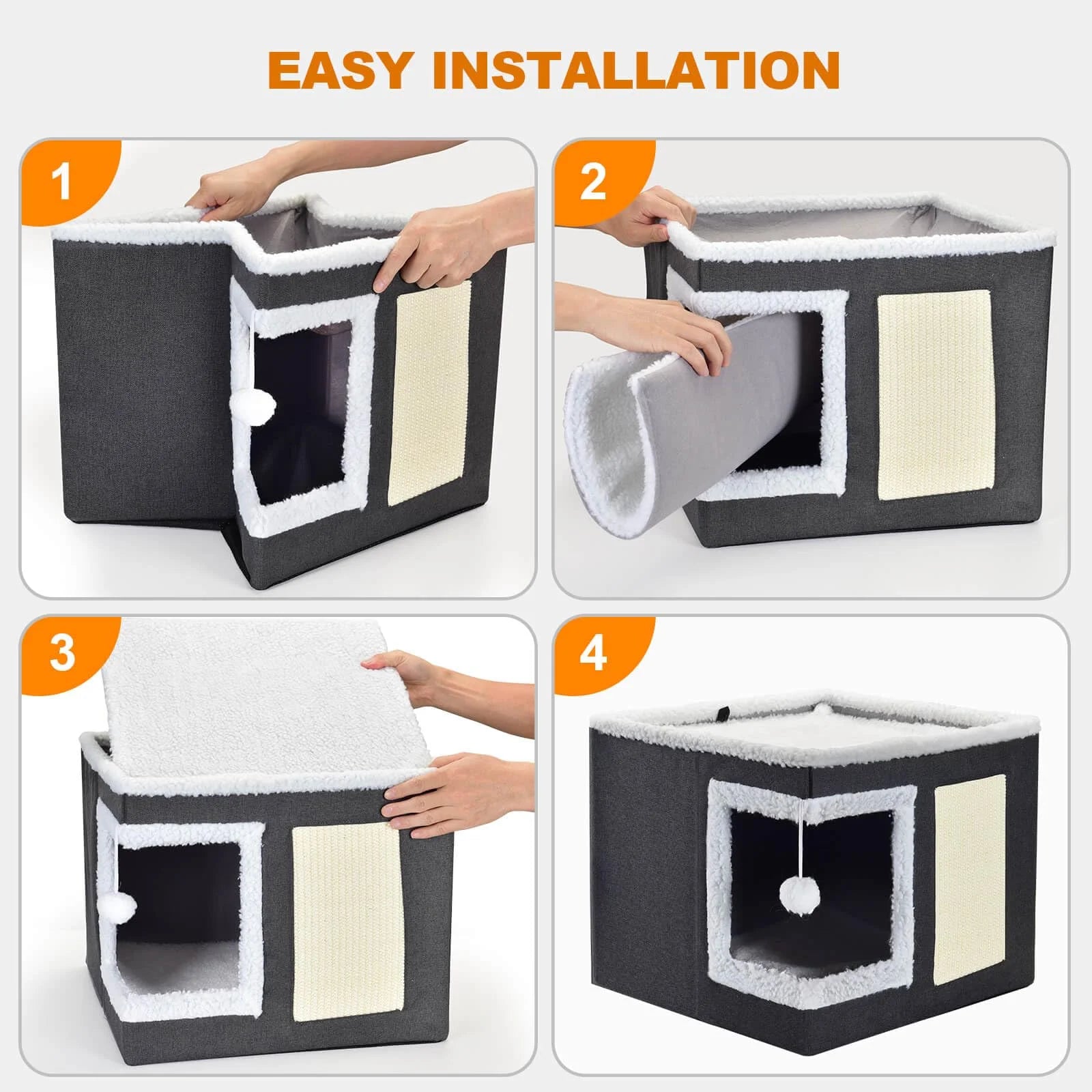 Cat House for Indoor Cats Cube Bed, Covered Cat Cave Beds & Furniture with Scratch Pad and Hideaway Tent, Cute Modern Cat Condo for Multi Small Pet Large Kitten Kitty