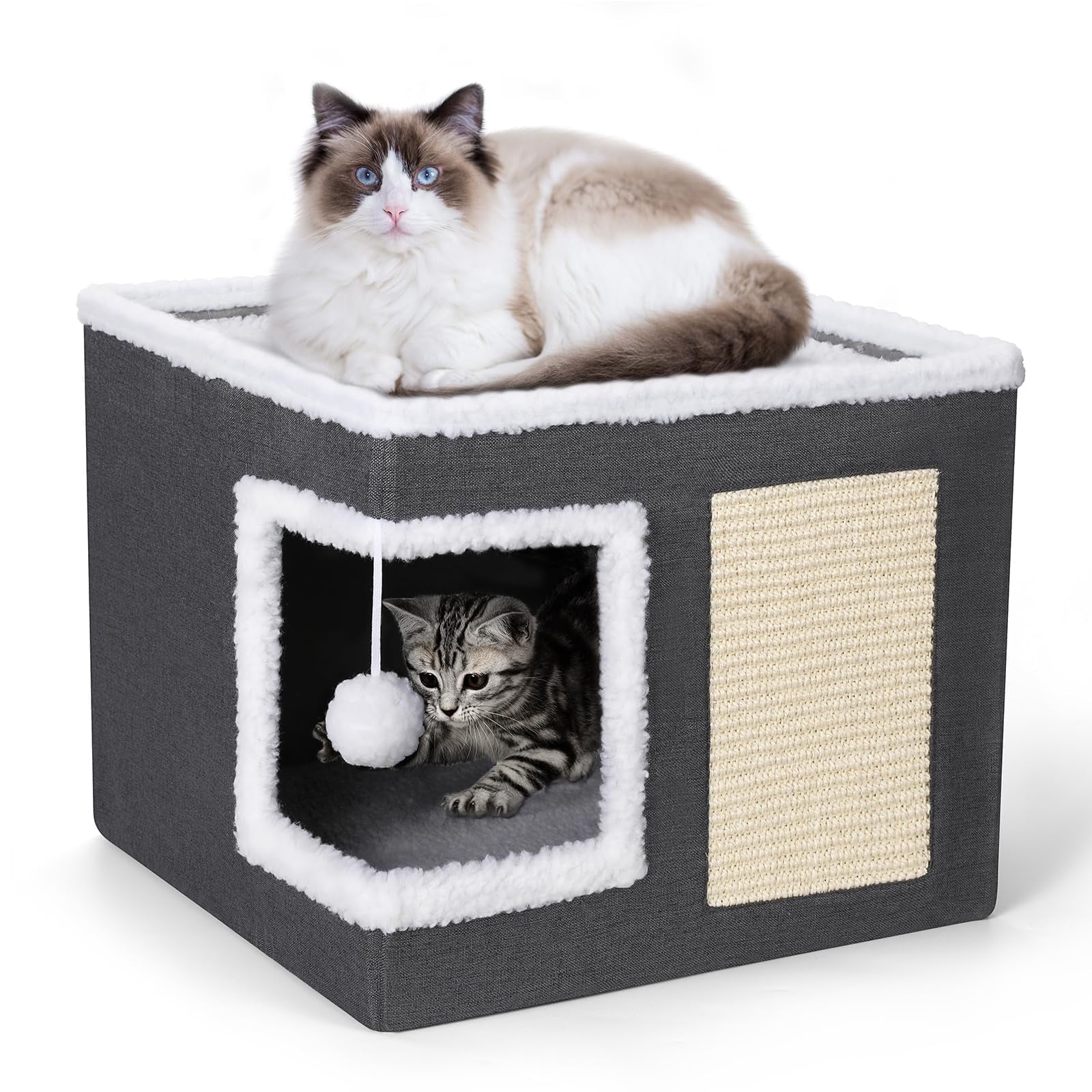 Cat House for Indoor Cats Cube Bed, Covered Cat Cave Beds & Furniture with Scratch Pad and Hideaway Tent, Cute Modern Cat Condo for Multi Small Pet Large Kitten Kitty