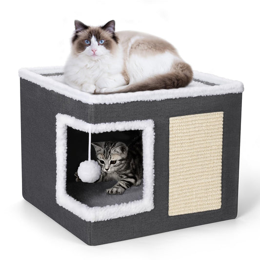 Cat House for Indoor Cats Cube Bed, Covered Cat Cave Beds & Furniture with Scratch Pad and Hideaway Tent, Cute Modern Cat Condo for Multi Small Pet Large Kitten Kitty
