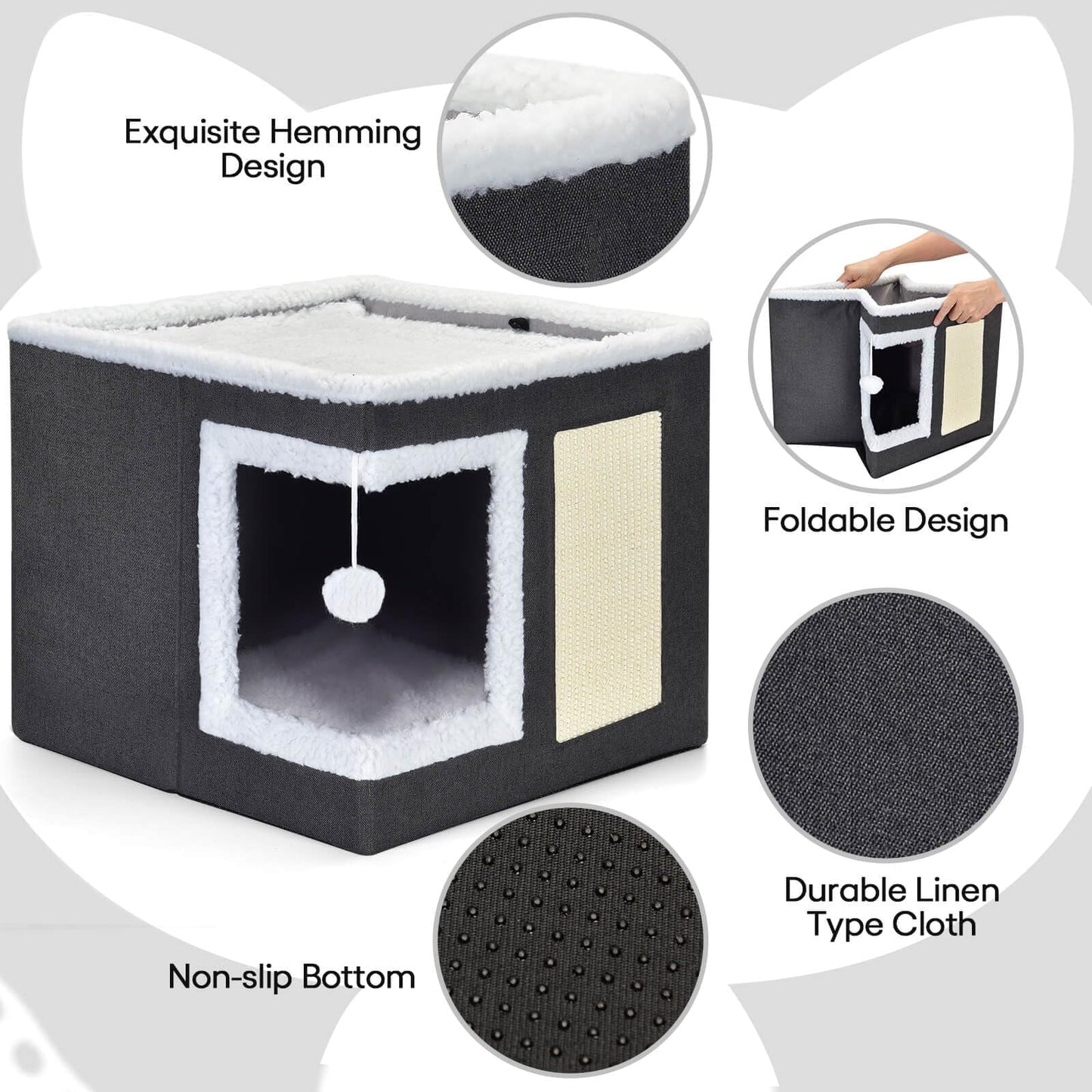 Cat House for Indoor Cats Cube Bed, Covered Cat Cave Beds & Furniture with Scratch Pad and Hideaway Tent, Cute Modern Cat Condo for Multi Small Pet Large Kitten Kitty