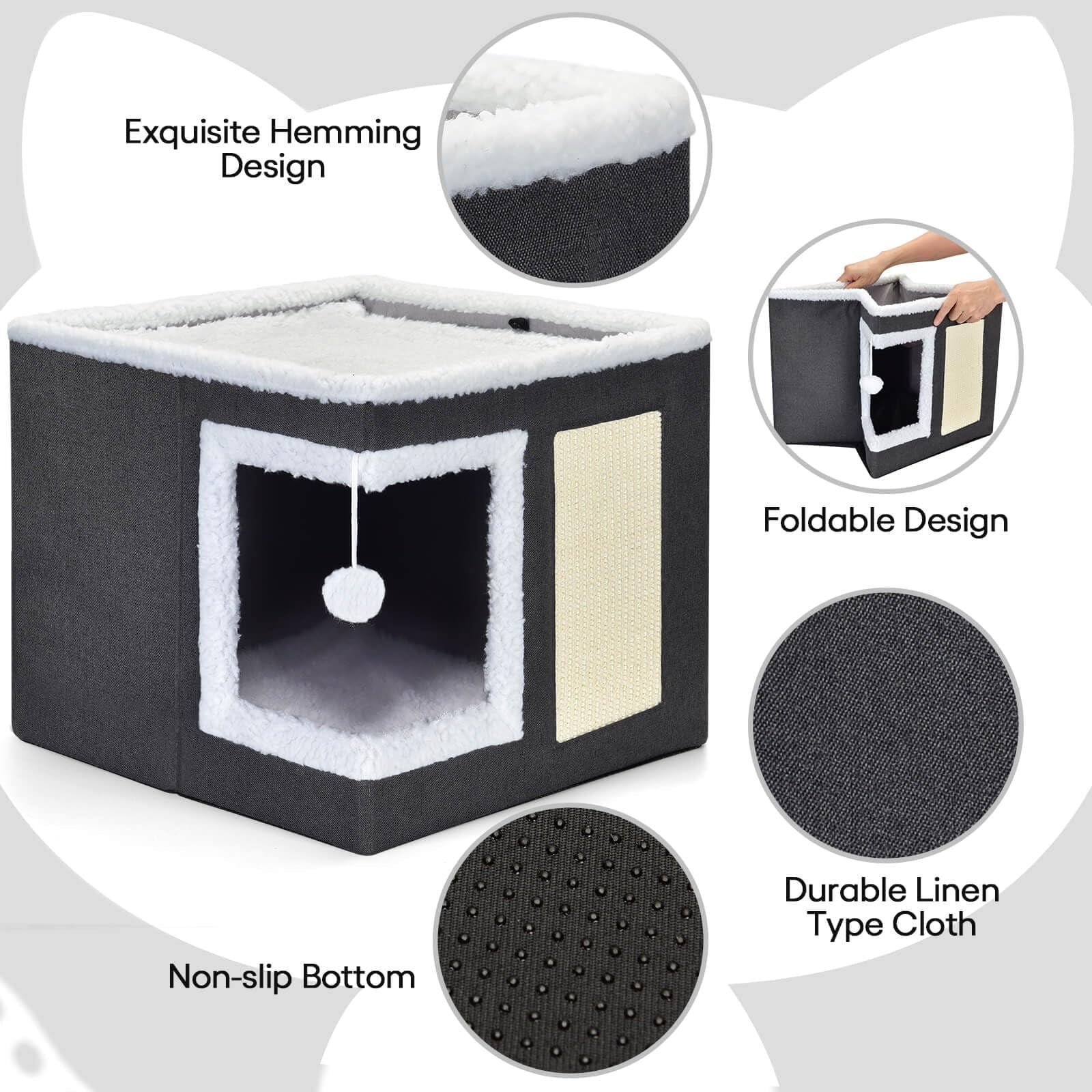Cat House for Indoor Cats Cube Bed, Covered Cat Cave Beds & Furniture with Scratch Pad and Hideaway Tent, Cute Modern Cat Condo for Multi Small Pet Large Kitten Kitty